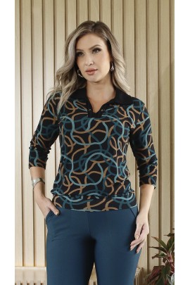 044964 Blusa Ramany Gola Polo Manga 3/4 Estampada de Cós